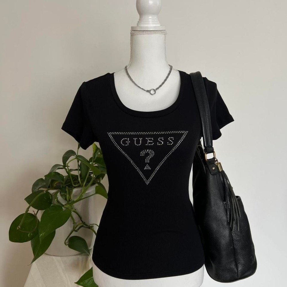 Y2K/McBling Style Guess Black Rhinestone Logo Baby Tee Size L